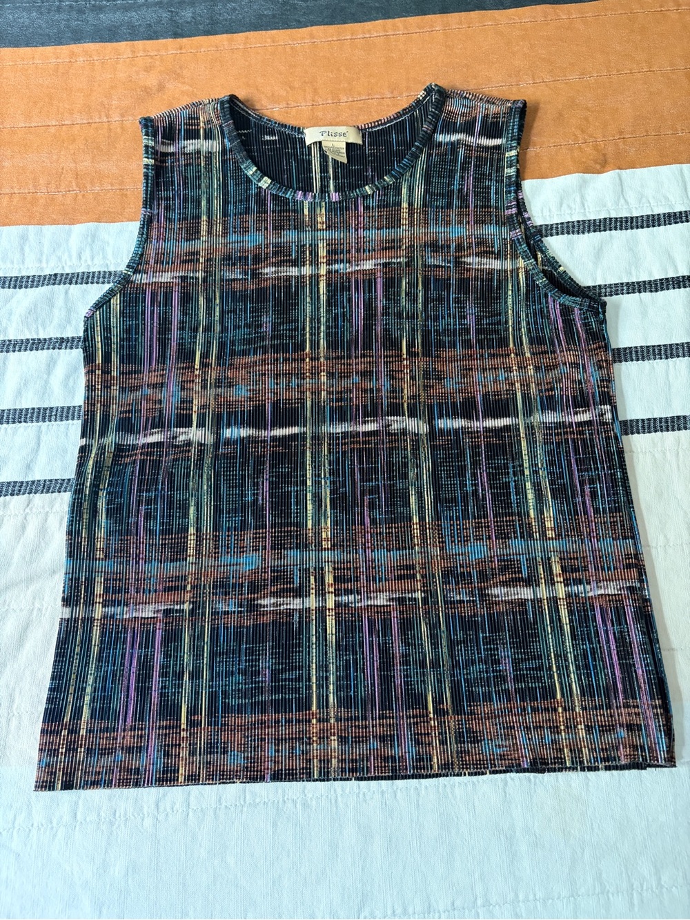 Multicolor Striped Knit Tank — Black Base with Pastel Highlights